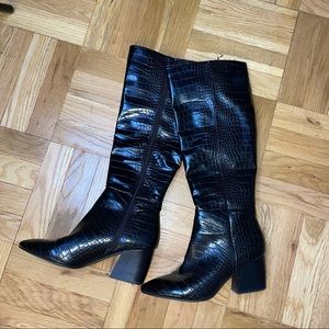 High knee croc print boots